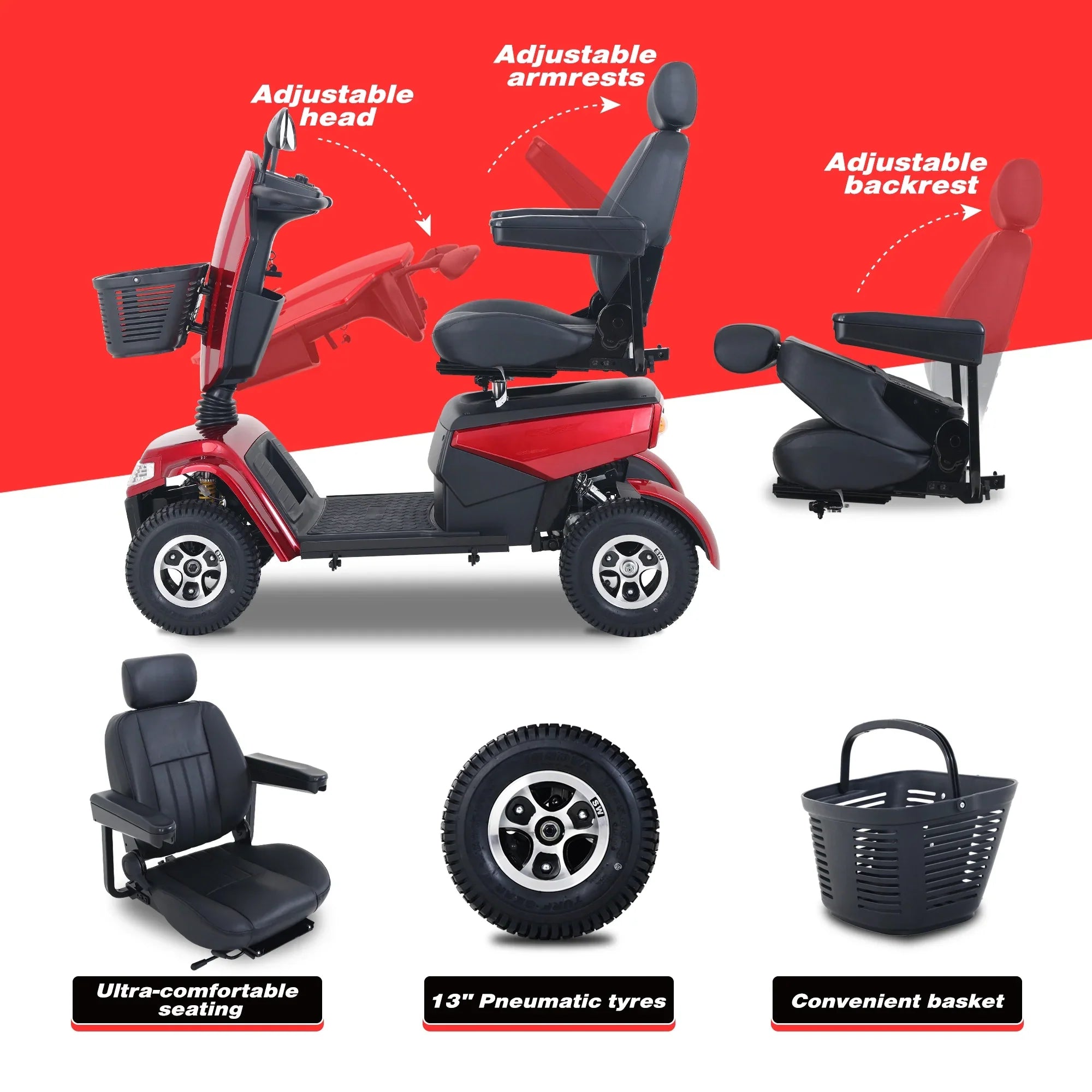 4-Wheel Electric Mobility Scooter for Adults Seniors and Eldely,Adult All Terrain Electric Powered Wheelchair Device-1000W Motor With 75Ah Battery,S800 RED