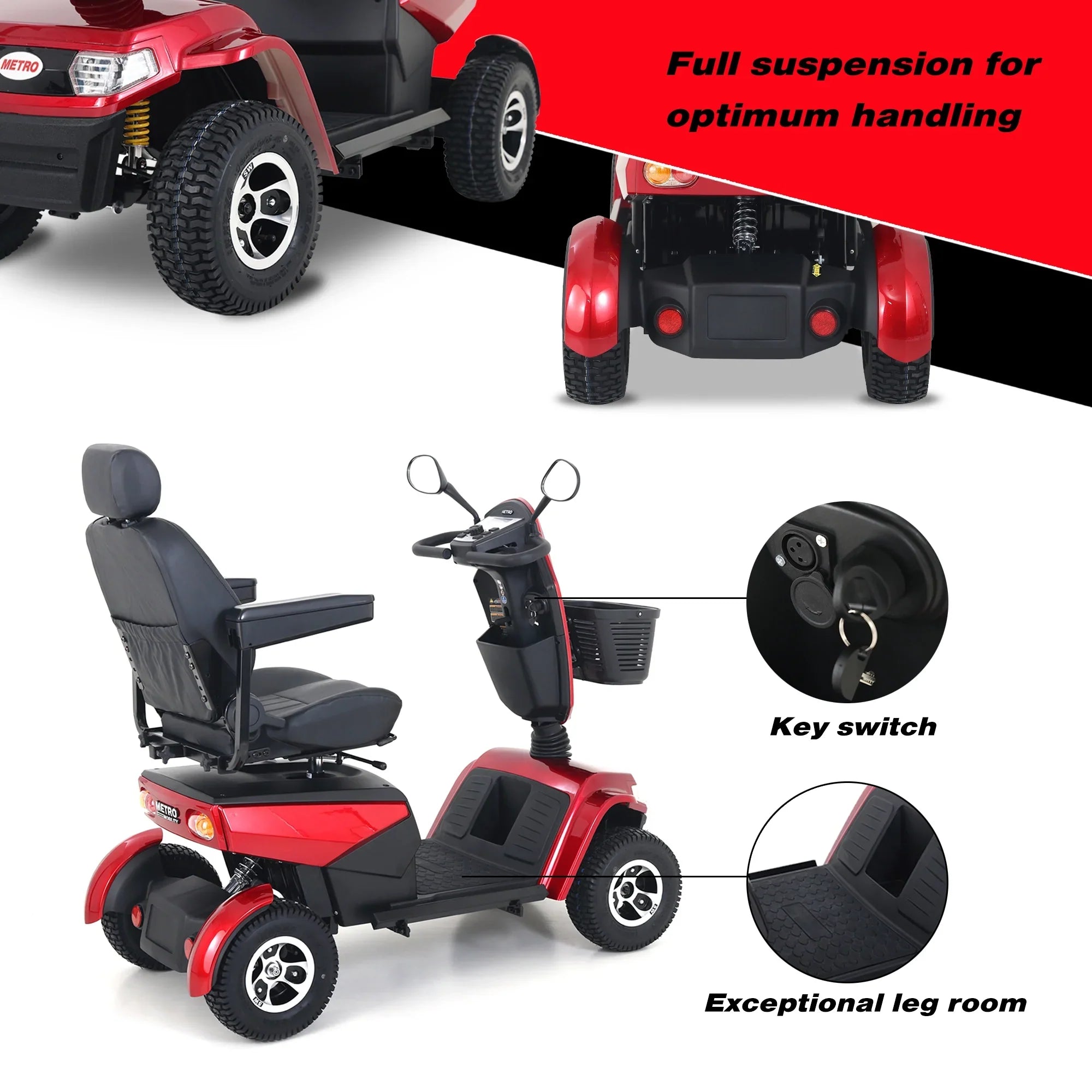 4-Wheel Electric Mobility Scooter for Adults Seniors and Eldely,Adult All Terrain Electric Powered Wheelchair Device-1000W Motor With 75Ah Battery,S800 RED