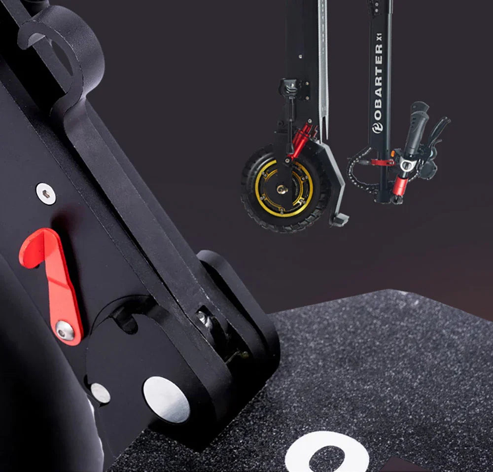OBARTER X1 Pro Folding Off-road Electric Scooter 10-inch Tire 1000W Motor 48V 21Ah Battery 28 mph max speed 40-46.5 miles max range Dual disc brake IP54 Waterproof