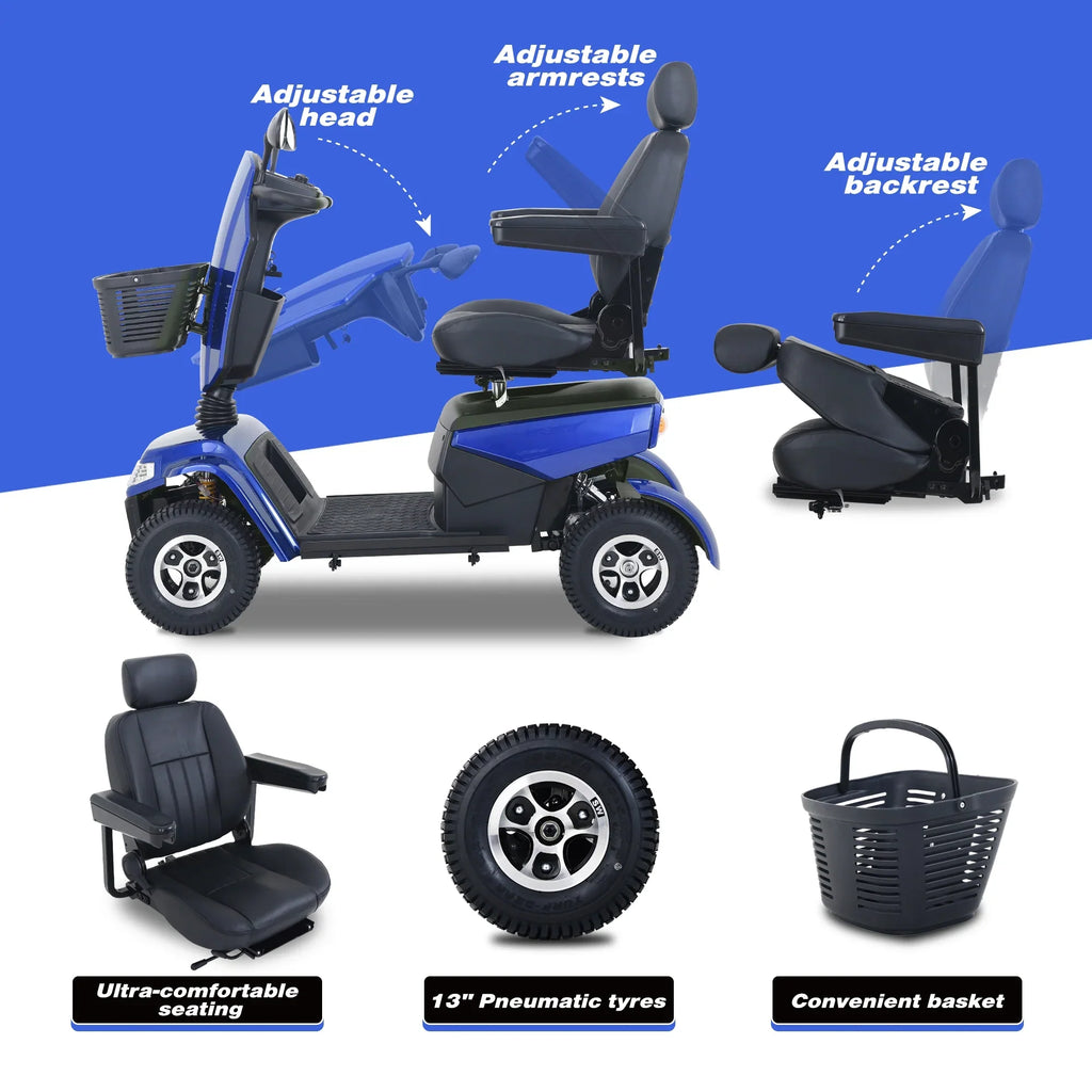 4-Wheel Electric Mobility Scooter for Adults Seniors and Eldely,Adult All Terrain Electric Powered Wheelchair Device-1000W Motor With 75Ah Battery,S800 BLUE